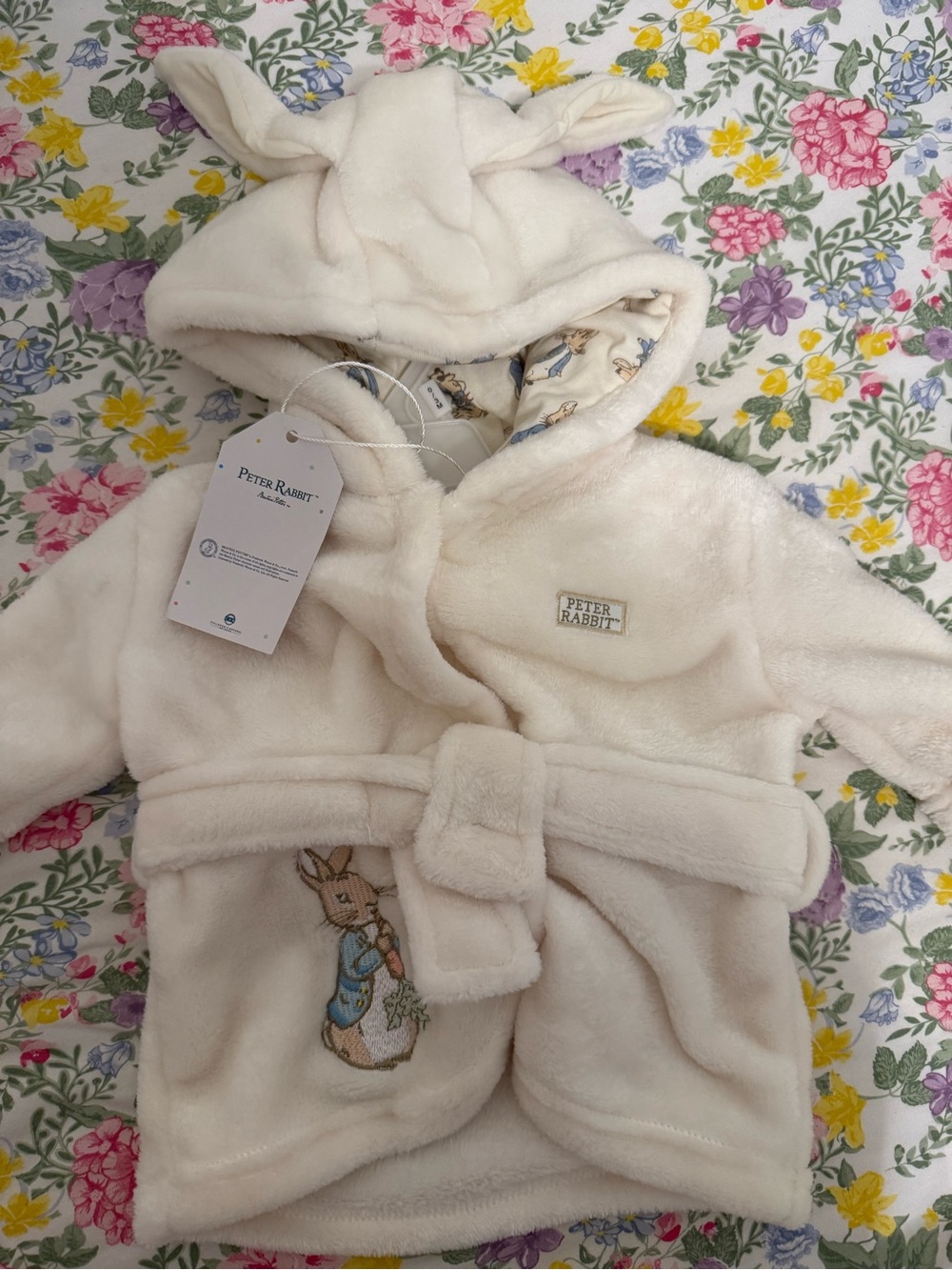 Peter Rabbit Cream Plush Hooded Kids Robe with Belt and Ears